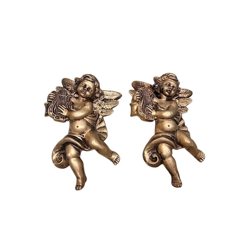 Vintage Chalkware Angel/Cherub Pair Wall Hanging Winged Gold Christmas Decor